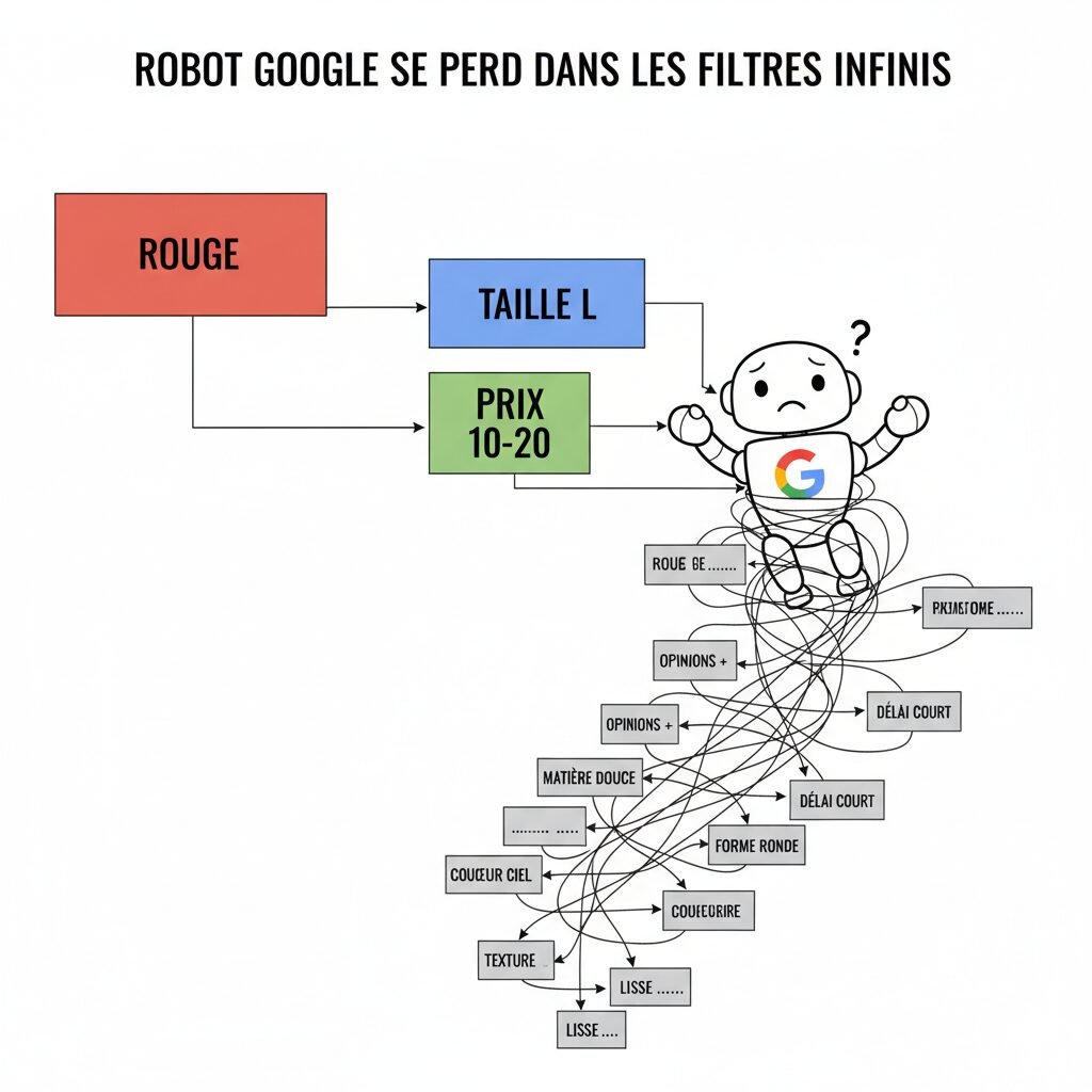 Schéma expliquant le gaspillage du budget de crawl par les facettes